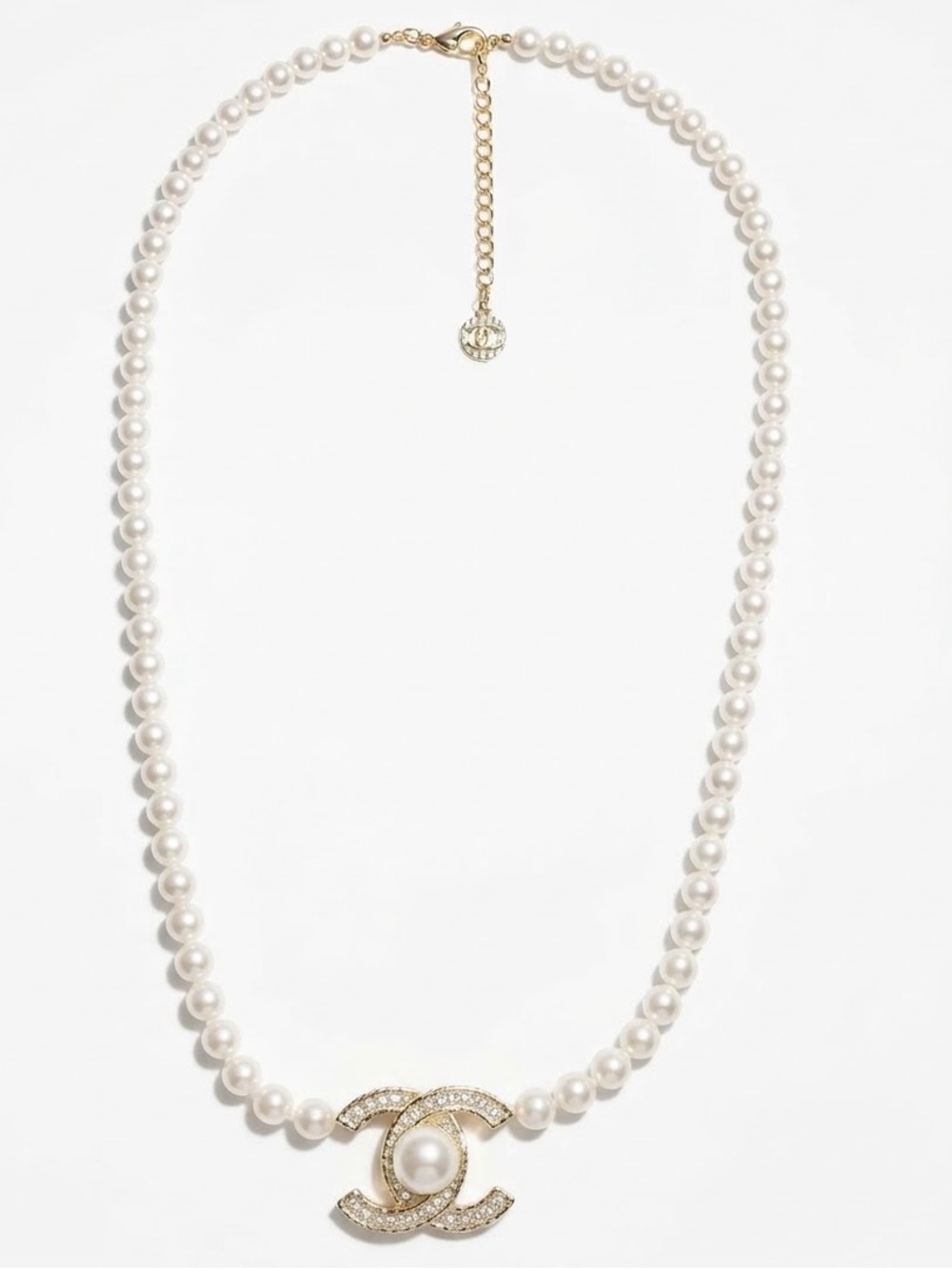 White Pearl Necklace with Gold Interlocking Letter C Pendant